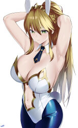 1girl absurdres animal_ears armpits arms_behind_head arms_up artoria_pendragon_(fate) artoria_pendragon_(swimsuit_ruler)_(fate) artoria_pendragon_(swimsuit_ruler)_(first_ascension)_(fate) bare_shoulders blonde_hair blue_pantyhose blush braid breasts cleavage clothing_cutout detached_collar fate/grand_order fate_(series) fishnet_pantyhose fishnets french_braid gold_trim green_eyes hair_between_eyes highleg highleg_leotard highres kurozawa_yui large_breasts leotard long_hair looking_at_viewer navel navel_cutout necktie pantyhose playboy_bunny ponytail rabbit_ears rabbit_tail sidelocks solo tail thighs tiara white_leotard wrist_cuffs