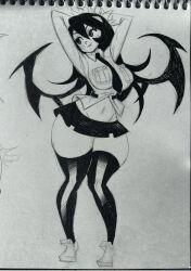 1girl eduedude filia_(skullgirls) highres looking_to_the_side monochrome navel necktie skullgirls solo standing stomach thighs wide_hips