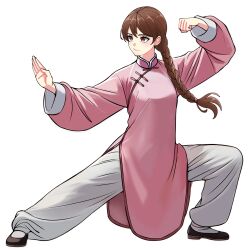 1girl absurdres braid brown_hair changpao china_dress chinese_clothes dress fighting fighting_stance highres kokoro_no_koibito kung_fu long_hair long_sleeves martial_arts monk original pink_dress self-upload shaolin_monk single_braid solo tangzhuang training