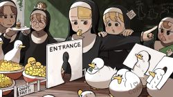 5girls :&lt; ^_^ animal animal_on_head bib bird blonde_hair blue_eyes body_writing brown_eyes brown_hair burger chalkboard chicken closed_eyes clumsy_nun_(diva) corn crying crying_with_eyes_open diva_(hyxpk) duck duckling eating food froggy_nun_(diva) glasses glasses_nun_(diva) habit hanging_plant hedgehog highres hungry_nun_(diva) little_nuns_(diva) multiple_girls nervous_sweating nun on_head plate pointing pointing_to_the_side slice_of_life smile spicy_nun_(diva) sweat sweatdrop tears thumbs_up traditional_nun whistle yellow_eyes