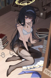 ! !! !? 1girl absurdres arm_between_legs black_hair black_pantyhose blue_archive blush book book_stack bookshelf bra breasts commentary_request crossed_bangs fine_fabric_emphasis furrowed_brow halo highres indoors jewelry linea_alba long_hair looking_at_viewer navel necklace panties panties_under_pantyhose pantyhose purple_eyes sikimosh sitting skirt small_breasts solo spoken_interrobang translation_request ui_(blue_archive) underwear unworn_skirt very_long_hair white_bra white_panties wooden_floor yokozuwari