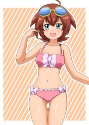 1girl absurdres adjusting_hair ahoge amano_madoka armpit_crease armpits artist_request beyblade bikini blue_eyes bow bow_bikini brown_hair child clenched_hand collarbone eyelashes facing_viewer female_focus fingernails flat_chest gluteal_fold goggles goggles_on_head groin hair_between_eyes hair_flaps hand_up happy highres legs legs_together light_blush looking_at_viewer medium_hair midriff navel neck official_alternate_costume open_mouth outstretched_arms pink_bikini sidelocks smile standing stomach swimsuit thigh_gap thighs