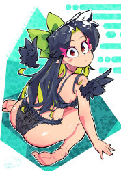 1girl ass barefoot bird_wings black_bra black_hair black_panties black_wings blush bow bra carte character_name closed_mouth colored_inner_hair commentary_request detached_wings expressionless eyeshadow feathered_wings from_behind full_body green_bow green_hair hair_bow highres lace lace_bra lace_panties long_hair looking_at_viewer looking_back makeup multicolored_hair panties pink_eyeshadow pointy_ears red_eyes reiuji_utsuho sitting soles solo touhou underwear underwear_only very_long_hair wariza white_background wings