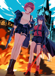 2girls :d absurdres animal_ear_fluff animal_ears arknights bare_shoulders black_coat black_hair black_necktie black_shorts black_tail building character_name chinese_commentary clock clock_tower closed_mouth coat collared_shirt commentary_request day explosion exusiai_(arknights) eyes_visible_through_hair fire full_body gloves grin gun hair_between_eyes hair_over_one_eye halo highres holding holding_gun holding_sword holding_weapon leg_warmers long_hair long_sleeves looking_ahead looking_at_viewer multiple_girls necktie off_shoulder official_alternate_costume open_mouth outdoors penguin_logistics_logo pink_hair red_gloves red_leg_warmers red_shirt shirt short_hair short_shorts shorts sleeveless sleeveless_sweater smile standing sweater sword tail texas_(arknights) texas_(willpower)_(arknights) thewintermarket tower traditional_halo turtleneck turtleneck_sweater weapon white_sweater wolf_ears wolf_girl wolf_tail yellow_eyes yellow_halo