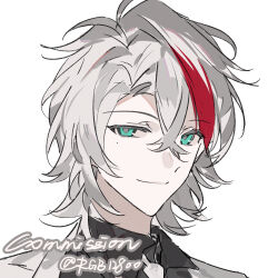 1boy black_shirt collared_shirt green_eyes grey_hair hair_between_eyes looking_at_viewer male_focus mole mole_under_eye multicolored_hair necktie original portrait red_hair rgb12800 shirt short_hair smile solo streaked_hair twitter_username virtual_youtuber white_background white_necktie