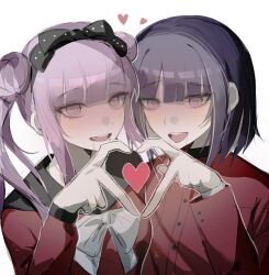1boy 1girl black_bow blush bow brother_and_sister drooling hair_bow heart heart_hands heart_hands_duo hetero incest matching_hair/eyes open_mouth pink_eyes pink_hair purple_hair siblings simple_background teeth the_hundred_line_-last_defense_academy- tongue tsukumo_ima tsukumo_kako twincest twins twintails upper_body upper_teeth_only white_background