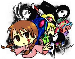 1boy 3girls blood blood_on_face bloody_weapon copyright_name kasei-san knife kyukkyu-kun madotsuki mogami_(uduki0422) monoko multiple_girls pink_shirt poniko sekomumasada_sensei shirt uboa uduki0422 weapon yume_nikki