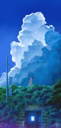 1girl absurdres aki_(aki_k6) bare_arms black_hair blue_sky breasts bush cloud commentary_request cumulonimbus_cloud dress faceless faceless_female from_side hat highres hill holding holding_unworn_clothes holding_unworn_hat long_hair medium_breasts original power_lines scenery sign signature sky sleeveless sleeveless_dress solo standing straight_hair straw_hat sundress tree tunnel unworn_hat unworn_headwear utility_pole variant_set very_wide_shot white_dress