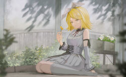 1girl 25-ji_rin absurdres amamizu_shizuku arm_ribbon arm_support bare_shoulders blonde_hair blue_eyes bow bow_hairband breasts choker commentary detached_sleeves dress flower flower_request frilled_choker frilled_dress frilled_sleeves frills grey_dress grey_sleeves grey_socks hair_ornament hairband hairclip highres holding holding_flower holding_scissors kagamine_rin kneehighs looking_at_flowers medium_hair neck_ribbon no_shoes outdoors parted_lips project_sekai red_ribbon ribbon scissors shadow sidelocks sitting sleeveless sleeveless_dress small_breasts socks solo swept_bangs three_quarter_view underbust vocaloid wariza white_bow white_flower yellow_nails