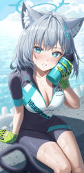 Rule 34 | 1girl, absurdres, animal ear fluff, animal ears, bike jersey, bike shorts, blue archive, bottle, breasts, cleavage, cross hair ornament, cycling uniform, gloves, green gloves, grey hair, hair ornament, halo, highres, holding, holding bottle, looking at viewer, m0 0m c, medium hair, mismatched pupils, official alternate costume, outdoors, shiroko (blue archive), shiroko (cycling) (blue archive), sitting, solo, sweat, wolf ears, wolf girl