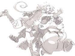 .hack// .hack//g.u. 3boys blush closed_eyes commentary_request embarrassed facing_away full_body furry furry_male gaspard_(.hack//) glomp gloves greyscale haseo_(.hack//) highres hug long_hair maishi male_focus monochrome multiple_boys open_mouth ponytail puffy_pants silabus_(.hack//) sleeveless sleeveless_jacket smile standing standing_on_one_leg surprised tail tearing_up