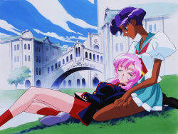 1990s_(style) 2girls blue_sailor_collar dark-skinned_female dark_skin glasses green_eyes himemiya_anthy lap lap_pillow legs multiple_girls official_art official_wallpaper outdoors pink_hair retro_artstyle sailor_collar school_uniform serafuku shoujo_kakumei_utena sleeping tenjou_utena