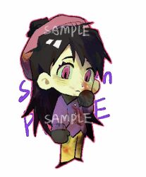 1girl beanie blood blood_on_clothes blood_on_face blood_on_hands brown_hair chibi hat highres long_hair looking_at_viewer pink_eyes pom_pom_(clothes) pom_pom_beanie solo south_park standing wendy_testaburger xianning233