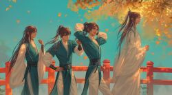 4boys arm_behind_back armor arms_behind_head artist_name blue_hanfu bracer bridge brown_hair chinese_clothes chu_wanning clenched_hand closed_eyes closed_mouth day erha_he_tadebai_mao_shizun falling_leaves from_side frown furrowed_brow hair_tie half_updo hand_on_own_hip hanfu high_ponytail highres leaf lisa_buijteweg long_hair long_sleeves looking_at_another mo_ran multiple_boys open_mouth ponytail purple_eyes sash shi_mei shoulder_armor smile tassel tree upper_body walking wide_sleeves xiao_guan_(headdress) xue_meng