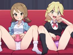 2girls :d black_socks black_sweater blonde_hair blush breasts brown_eyes brown_hair chiwino clothes_lift collared_shirt commentary_request couch grin hand_up happy indoors jacket knees lass_(pokemon) lifting_own_clothes long_hair multiple_girls nintendo open_clothes open_jacket open_mouth panties pink_skirt pokemon pokemon_oras pokemon_xy purple_panties shirt short_twintails skirt skirt_lift smile socks spread_legs sweater teeth twintails underwear upper_teeth_only white_panties white_shirt white_socks