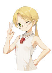 1girl absurdres aged_up bare_shoulders blonde_hair breasts chinese_commentary closed_mouth commentary_request cropped_torso dress glasses green_eyes hand_on_own_hip highres long_hair looking_at_viewer made_in_abyss one_eye_closed parted_bangs riko_(made_in_abyss) simple_background sleeveless sleeveless_dress small_breasts smile solo sterlank v whistle whistle_around_neck white_background white_dress