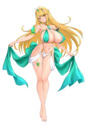 1girl alternate_costume barefoot blonde_hair breasts dancer feichu_keju large_breasts mythra_(xenoblade) simple_background solo white_background xenoblade_chronicles_(series) xenoblade_chronicles_2