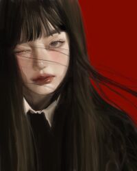 1girl 2025 asian black_hair brown_eyes closed_mouth highres long_hair looking_at_viewer makeup original red_background red_lips solo straight_hair whoisluvme