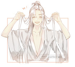 Rule 34 | 1boy, :d, ^ ^, ahoge, bishounen, blush, border, chinese clothes, closed eyes, collarbone, facing viewer, hair ribbon, hands up, hanfu, happy, high ponytail, holding, holding ribbon, implied yaoi, long hair, male focus, modao zushi, monochrome, notice lines, open mouth, pectoral cleavage, pectorals, ponytail, red border, ribbon, sidelocks, simple background, smile, solo, spot color, twitter username, upper body, watermark, wei wuxian, white background, white ribbon, wide sleeves, ykmr (haga)