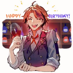 1boy ^_^ ahoge black_vest buttons closed_eyes collared_shirt cup drink facing_viewer fang happy_birthday highres holding holding_cup holostars male_focus mebaru mole mole_under_eye neck_ribbon open_mouth orange_hair red_ribbon ribbon shirt short_hair smile solo upper_body vest virtual_youtuber white_shirt yukoku_roberu