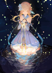 1girl absurdres bare_shoulders black_gloves blonde_hair blue_sky breasts bug detached_sleeves dress feather_hair_ornament feathers fingerless_gloves firefly flower genshin_impact gloves grey_flower hair_between_eyes hair_flower hair_ornament hands_up highres ichika_(ichika87) insect long_sleeves looking_to_the_side lumine_(genshin_impact) making-of_available medium_breasts night night_sky ocean reflection short_hair short_hair_with_long_locks sidelocks sky solo standing star_(symbol) teeth water white_dress yellow_eyes