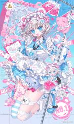 1girl animal_ears apron asymmetrical_legwear bandages bandaid bandaid_on_leg blood blood_bag blue_eyes boky_baogan bow dress frills hat heart highres intravenous_drip looking_at_viewer nurse_cap open_mouth original pill short_hair smile solo stuffed_toy syringe thighhighs white_apron