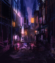 Rule 34 | 1other, alley, building, city, dkaism, from behind, full body, grey hoodie, hood, hood up, hoodie, night, original, painterly, purple theme, scenery, sign, solo, standing