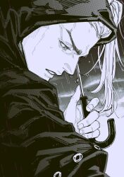1boy blackmore capelet from_side greyscale highres holding holding_umbrella hood jojo_no_kimyou_na_bouken long_hair male_focus monochrome parted_lips portrait rain solo steel_ball_run teeth tsukaikata_wa_wakaru umbrella water_drop