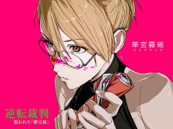 1girl ace_attorney adrian_andrews amikoiiko arms_up black_shirt blonde_hair brown_eyes character_name collarbone copyright_name dripping_sweat facing_to_the_side fingernails from_above furigana glasses highres holding holding_notebook long_fingernails notebook paint_splatter paint_splatter_on_face phoenix_wright:_ace_attorney_-_trials_and_tribulations pink_background pink_lips portrait rolled_up_paper round_eyewear shirt simple_background sleeveless sleeveless_turtleneck solo sweat translation_request turtleneck worried