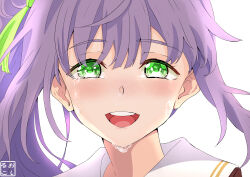 1girl :d absurdres blush commentary_request crying crying_with_eyes_open green_eyes hair_bun hair_ornament happy_tears hasu_no_sora_school_uniform highres link!_like!_love_live! long_hair love_live! nose_blush open_mouth oshiruko_kizoku otomune_kozue portrait sailor_collar school_uniform side_ponytail sidelocks simple_background single_side_bun smile solo straight-on tassel tassel_hair_ornament tears teeth upper_teeth_only virtual_youtuber white_background white_sailor_collar winter_uniform