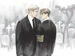 Rule 34 | 2boys, aquiline nose, armband, black jacket, black necktie, brown hair, canvas texture, cheekbones, graveyard, grey background, highres, jacket, kogu (nue insideout), male focus, multiple boys, necktie, nose, parted lips, porco galliard, rain, reiner braun, shingeki no kyojin, short hair, sparse stubble, yaoi