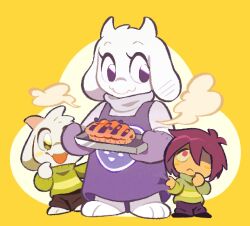 1boy 1girl 1other ache13337003 animal_ears asriel_dreemurr black_pants chara_(undertale) chibi closed_mouth food furry furry_female furry_male goat_boy goat_girl green_sweater hair_between_eyes highres horns open_mouth oven_mitts pants pie red_eyes red_hair simple_background steam sweater toriel undertale