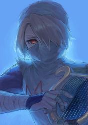 1girl bandaged_arm bandaged_fingers bandages blonde_hair blue_background commentary_request hair_over_one_eye harp highres holding instrument looking_at_viewer mask mouth_mask nintendo raji_(aranmax) red_eyes reverse_trap sheik shirt short_hair solo the_legend_of_zelda the_legend_of_zelda:_ocarina_of_time torn_clothes torn_shirt upper_body