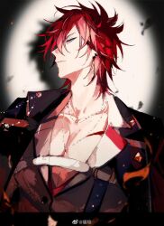 1boy amagi_rinne black_jacket blue_eyes chest_harness closed_mouth collarbone cuts earrings ensemble_stars! facing_to_the_side frown grey_shirt hair_between_eyes half-closed_eyes harness hashtag-only_commentary injury jacket jacket_on_shoulders jewelry lapel_pin looking_at_viewer male_focus mei_ren necklace pectoral_cleavage pectorals profile red_hair shadow shirt short_hair sideways_glance solo spotlight upper_body watermark weibo_watermark wing_collar
