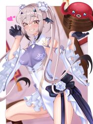 1girl blush breasts china_dress chinese_clothes dress fate/grand_order fate_(series) forked_eyebrows grin highres long_hair looking_at_viewer medium_breasts melusine_(fate) raji_(largesaint2210) sidelocks smile solo thighs white_hair yellow_eyes
