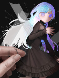 1girl 1other absurdres black_background black_dress blue_eyes blue_hair dress duct_tape frilled_dress frills gradient_hair highres insect_pin long_hair long_sleeves looking_at_viewer mini_person minigirl multicolored_hair original out_of_frame pin pov pov_hands simple_background taxidermy test_norma1 white_hair