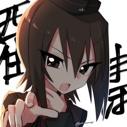 Rule 34 | 1girl, black hat, black jacket, brown eyes, brown hair, cross, garrison cap, girls und panzer, hat, highres, holding, holding microphone, iron cross, jacket, kuromorimine military uniform, looking at viewer, microphone, military, military uniform, natsusa (nts summer), nishizumi maho, open mouth, pointing, pointing at viewer, red shirt, shirt, simple background, solo, throat microphone, twitter username, upper body, white background