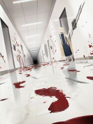 1girl artist_name black_dress blonde_hair blood blood_stain ceiling_light commentary_request crack cracked_wall dress hallway highres horror_(theme) hospital indoors long_hair looking_at_viewer matsuba10 open_door original solo standing very_long_hair wide_shot
