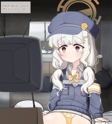 Rule 34 | 1girl, absurdres, aoba (blue archive), armband, bags under eyes, black hat, black jacket, blue archive, bow, bowtie, collared shirt, dodri, grey shirt, hair ornament, hairclip, hat, highres, indoors, jacket, long hair, long sleeves, panties, parted lips, polka dot, polka dot panties, red eyes, shirt, sitting, solo, television, translation request, trash bag, underwear, white hair, yellow armband, yellow bow, yellow bowtie, yellow panties