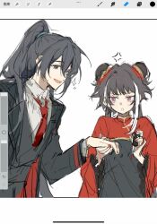 1boy 1girl anger_vein applying_manicure art_program_in_frame black_coat black_dress black_hair black_vest coat collared_shirt cowboy_shot double_bun dress frilled_sleeves frills hair_bun hands_up heterochromia high_ponytail highres hong_lu_(project_moon) jia_xichun_(project_moon) jingshenhuanghu limbus_company long_hair long_sleeves low_twintails nail_polish necktie open_mouth painting_nails pink_eyes ponytail project_moon red_necktie red_shrug shirt smile sparkle twintails unfinished very_long_hair vest white_shirt
