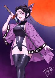 1girl black_hair bug butterfly butterfly_hair_ornament corruption dark_persona hair_ornament haori highleg highleg_leotard highres insect japanese_clothes kimetsu_no_yaiba kochou_shinobu leotard parted_bangs purple_butterfly slit_pupils smile solo sword thighhighs weapon yami-mochi