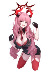 1girl absurdres between_breasts black_gloves blue_archive boki-jg bra bra_peek breasts cleavage coin coin_on_string demon_horns dress garter_straps gloves halo highres holding holding_pendulum holed_coin horns large_breasts long_hair looking_at_viewer mole mole_on_breast multicolored_horns necktie necktie_between_breasts pencil_dress pendulum pink_hair red_bra red_garter_straps red_hair red_halo red_horns red_necktie red_thighhighs satsuki_(blue_archive) simple_background sleeveless solo thighhighs two-tone_horns underwear white_background