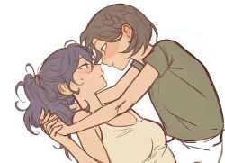 2girls asahina_mafuyu blush brown_hair commentary ear_blush green_shirt highres holding_hands interlocked_fingers long_hair magqotq multiple_girls parted_lips pinned ponytail project_sekai purple_eyes purple_hair shinonome_ena shirt short_hair short_sleeves simple_background sweat symbol-only_commentary tank_top white_background white_tank_top yuri