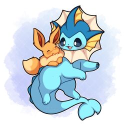 Rule 34 | absurdres, animal focus, blue eyes, bright pupils, closed eyes, eevee, evolutionary line, fins, gen 1 pokemon, highres, nintendo, no humans, pawpads, pokemon, pokemon (creature), sevi (seviyummy), smile, spikes, vaporeon, white pupils