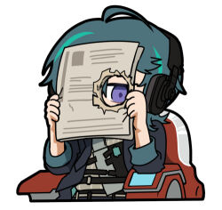 1boy artist_request black_hair black_hat black_jacket chibi chibi_only chinese_commentary girls&#039;_frontline girls&#039;_frontline_neural_cloud green_hair hat headphones hole_in_newspaper jacket lowres male_focus newspaper official_art one_eye_covered peeking second-party_source solo yuwang_(neural_cloud)