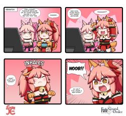 2girls 4koma angry animal_ear_fluff animal_ears animal_hands arms_up artist_logo bell blush cat_paws closed_eyes collar comic commentary controller copyright_name detached_sleeves english_commentary english_text engrish_text fangs fate/grand_order fate_(series) fox_ears fox_girl fox_tail game_controller glasses gloves hair_between_eyes hair_ribbon highres holding holding_controller holding_game_controller japanese_clothes jingle_bell keita_naruzawa kimono koyanskaya_(fate) logo long_sleeves looking_at_another looking_at_object looking_to_the_side multiple_girls neck_bell open_mouth parted_lips paw_gloves paw_shoes pink_hair pink_kimono pink_ribbon ponytail ranguage red_collar red_kimono red_ribbon ribbon sidelocks smile speech_bubble square_4koma tail tamamo_(fate) tamamo_cat_(fate) thought_bubble yellow_eyes