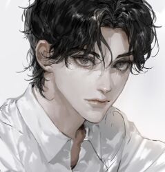 1boy black_hair eyelashes green_eyes highres lips male_focus nose original realistic shirt vlfdus_0 white_background