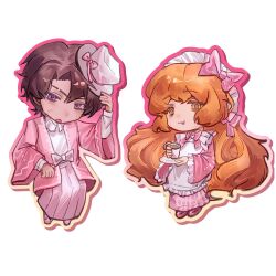 09gugugu 1boy 1girl alternate_costume apron bow brown_hair chibi cup freckles full_body hair_bow haori hat heathcliff_(project_moon) highres holding holding_cup ishmael_(project_moon) japanese_clothes kimono limbus_company long_hair long_sleeves looking_at_viewer maid_apron maid_headdress open_mouth orange_eyes orange_hair pink_bow pink_haori pink_kimono project_moon purple_eyes scar shirt short_hair simple_background standing very_long_hair white_apron white_background white_hat white_shirt
