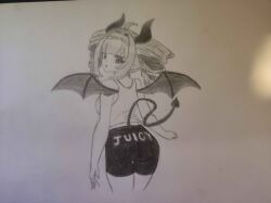 1girl 2024 arthy bike_shorts cozychuu demon_girl demon_tail demon_wings english_text horns indie_virtual_youtuber looking_back monochrome short_shorts shorts solo tail thick_thighs thigh_gap thighs turning virtual_youtuber wings