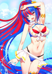 Rule 34 | 1girl, :d, bikini, blue bikini, blue eyes, blue hair, breasts, criss-cross halter, crossed bangs, female alear (fire emblem), female alear (seaside dragon) (fire emblem), fire emblem, fire emblem engage, fire emblem heroes, gluteal fold, gold armlet, gold thighlet, halterneck, heterochromia, highres, long hair, medium breasts, multicolored bikini, multicolored hair, multicolored swimsuit, nintendo, official alternate costume, official alternate hairstyle, open mouth, ponytail, red bikini, red eyes, red hair, showgirl skirt, skindentation, smile, solo, split-color hair, swimsuit, sylphy fe, two-tone hair, very long hair, white bikini